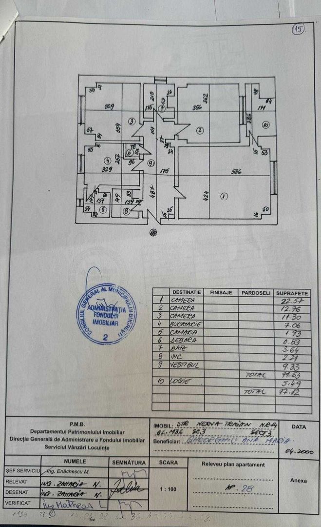 Apartament 3 camere, 77 mp, ansamblu Nerva Traian 14