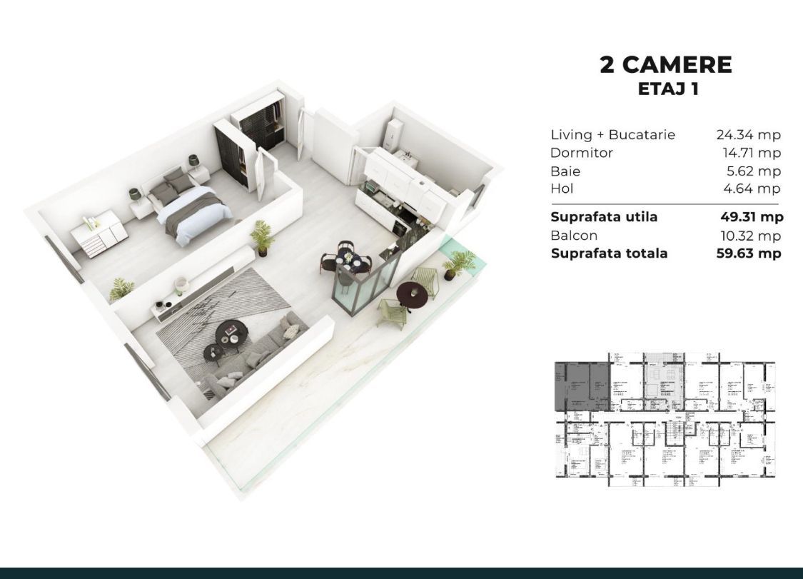 2 camere spatios predare la cheie 58 mp