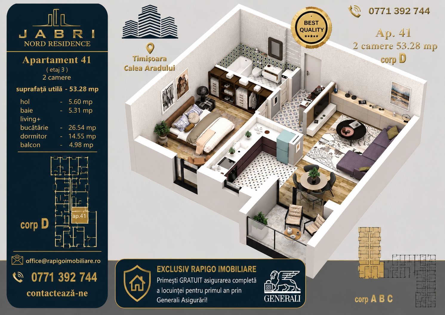 Apartament 41, Corp D – 2 camere | 53,28 mp | Etaj 3 | Jabri Nord Resi