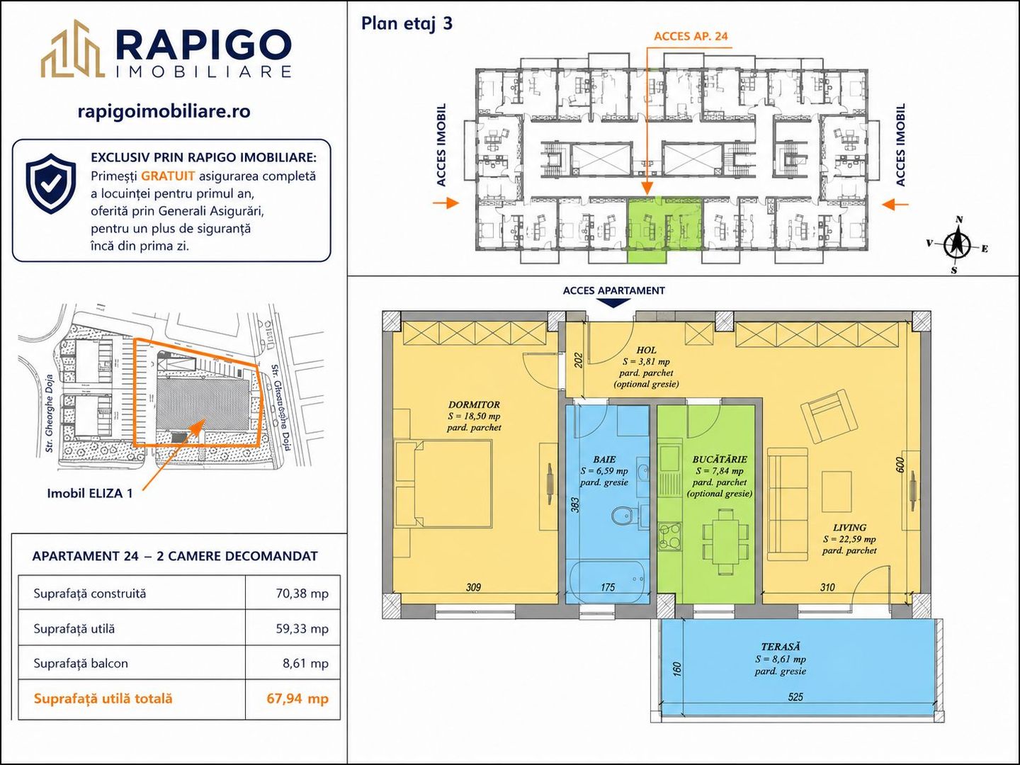 Apartamentul nr. 24 | 2 camere decomandat | Etaj 3 | Terasă 8,61 mp |