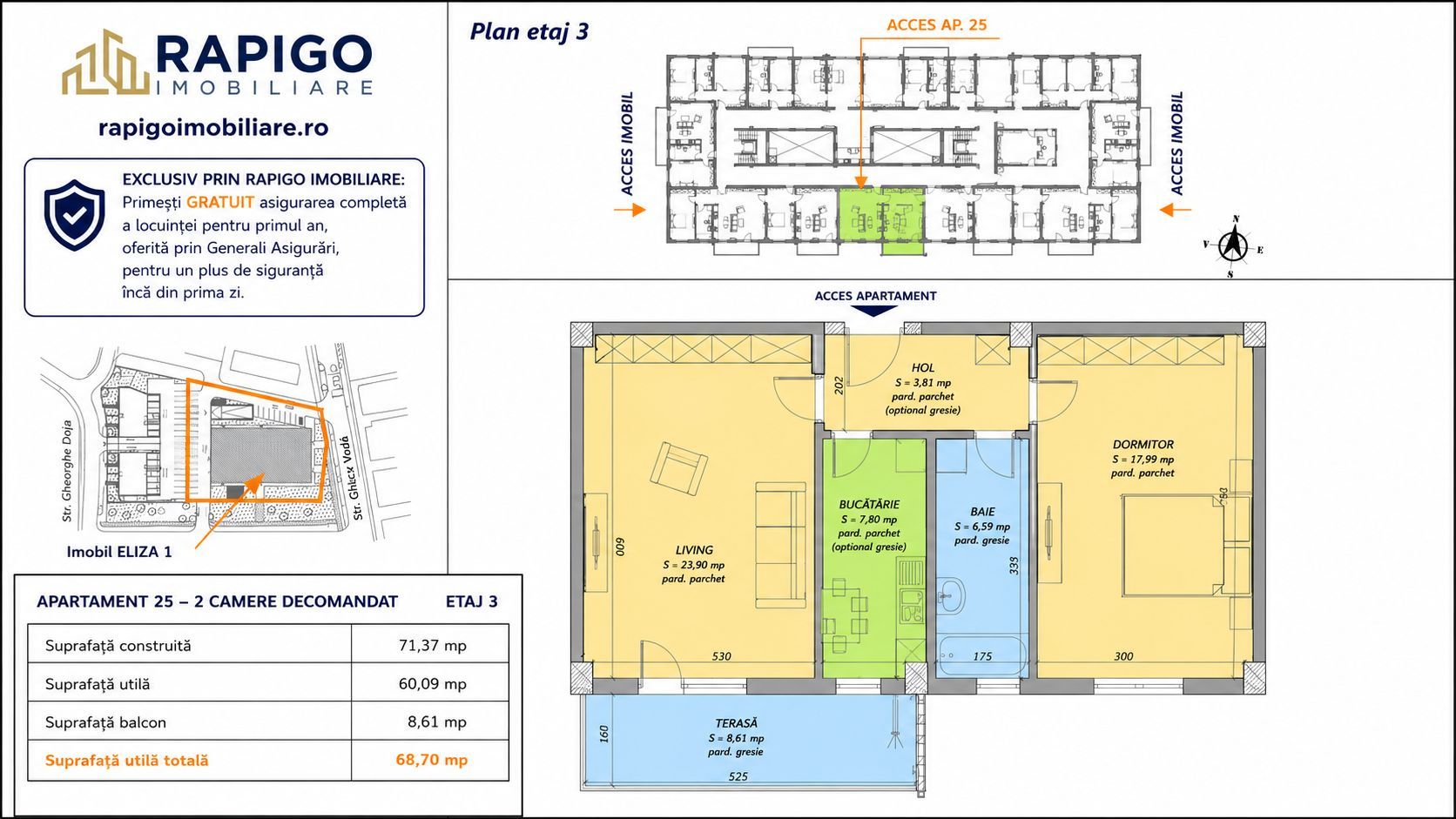 Apartamentul nr. 25 | 2 camere decomandat | Etaj 3 | Terasă 8,61 mp |