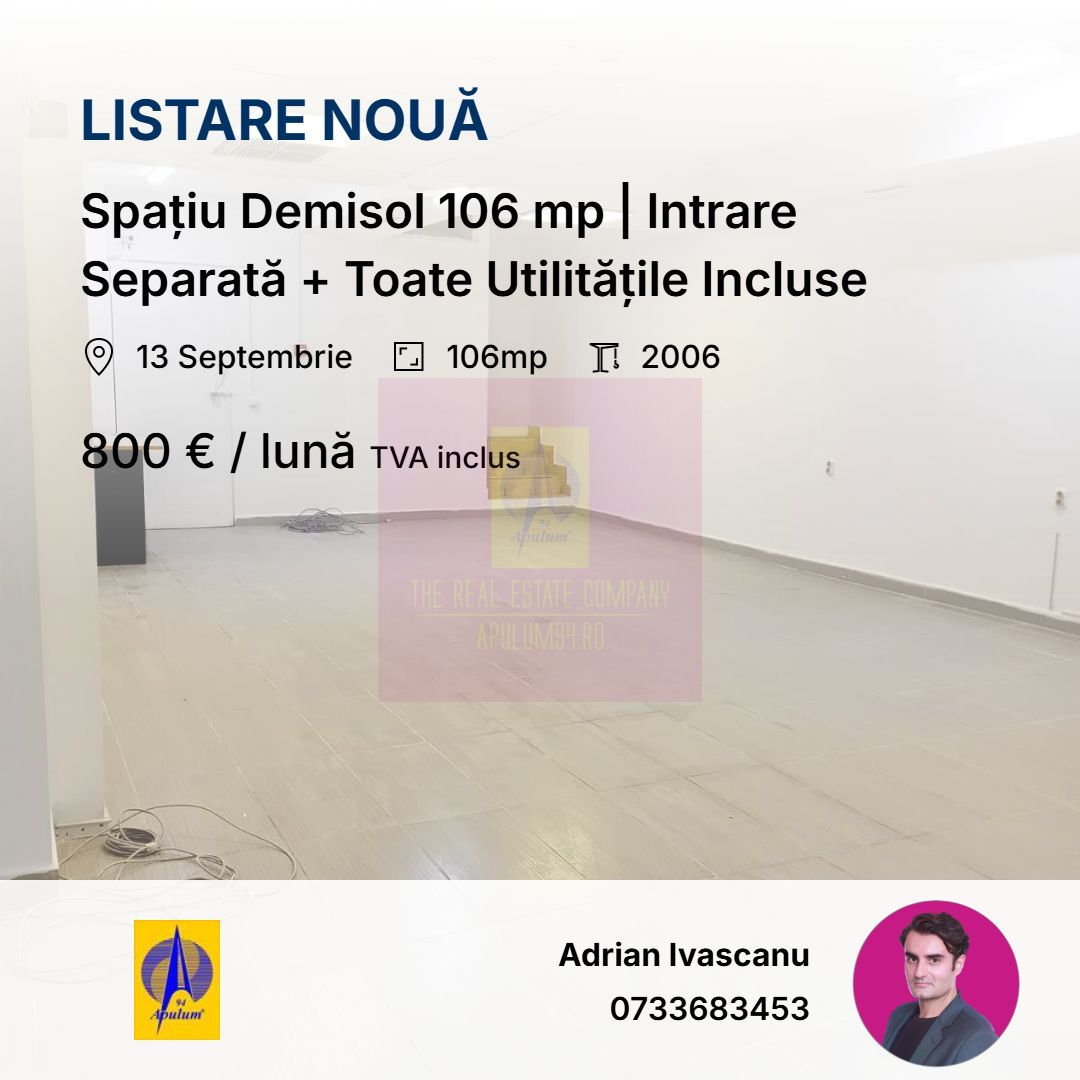 Spațiu Demisol 106 mp | Intrare Separată + Toate Utilitățile Incluse