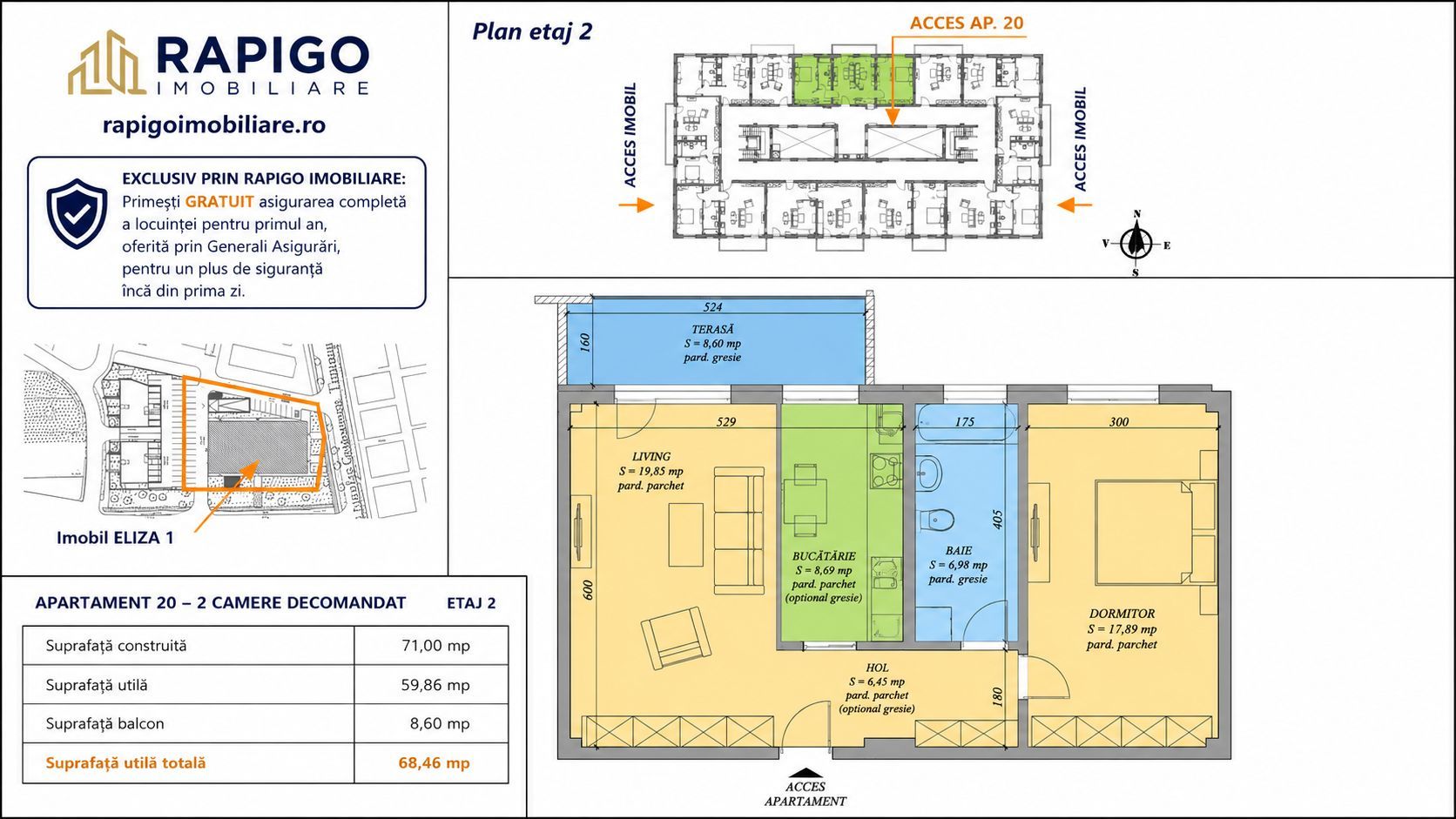 Apartamentul nr. 20 | 2 camere decomandat | Etaj 2 | Terasă 8,60 mp |