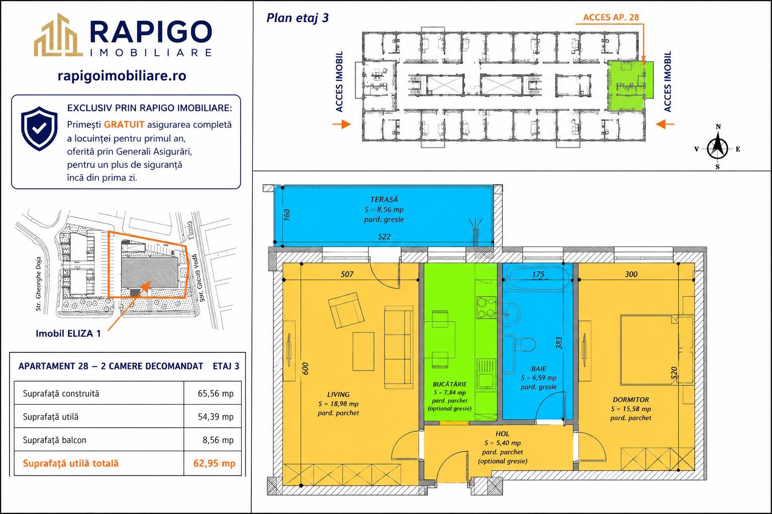 Apartamentul nr. 28 | 2 camere decomandat | Etaj 3 | Terasă 8,56 mp |