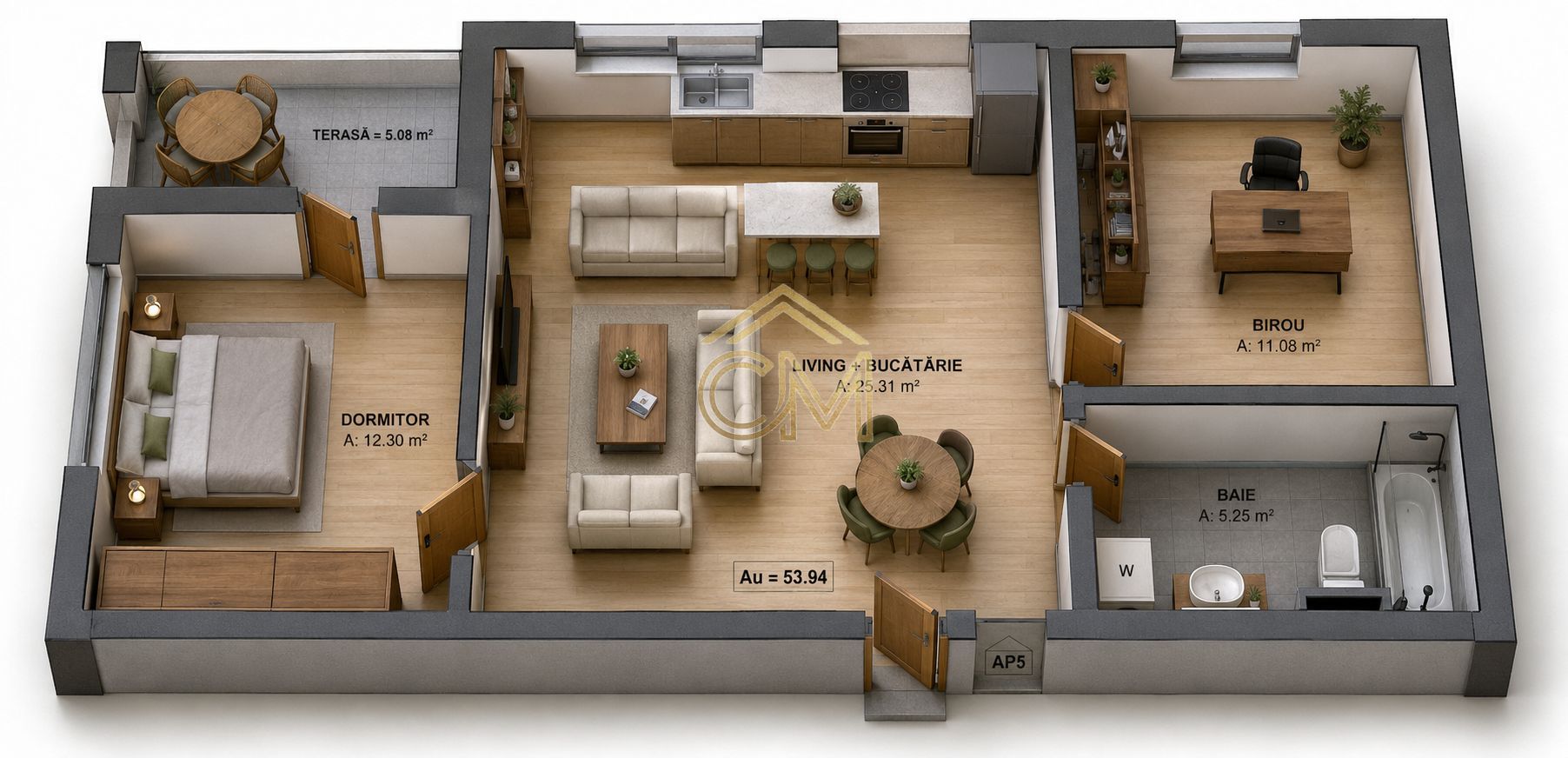 Apartament 3 Camere- 54 MPU-Parter-Terasa-Parcare