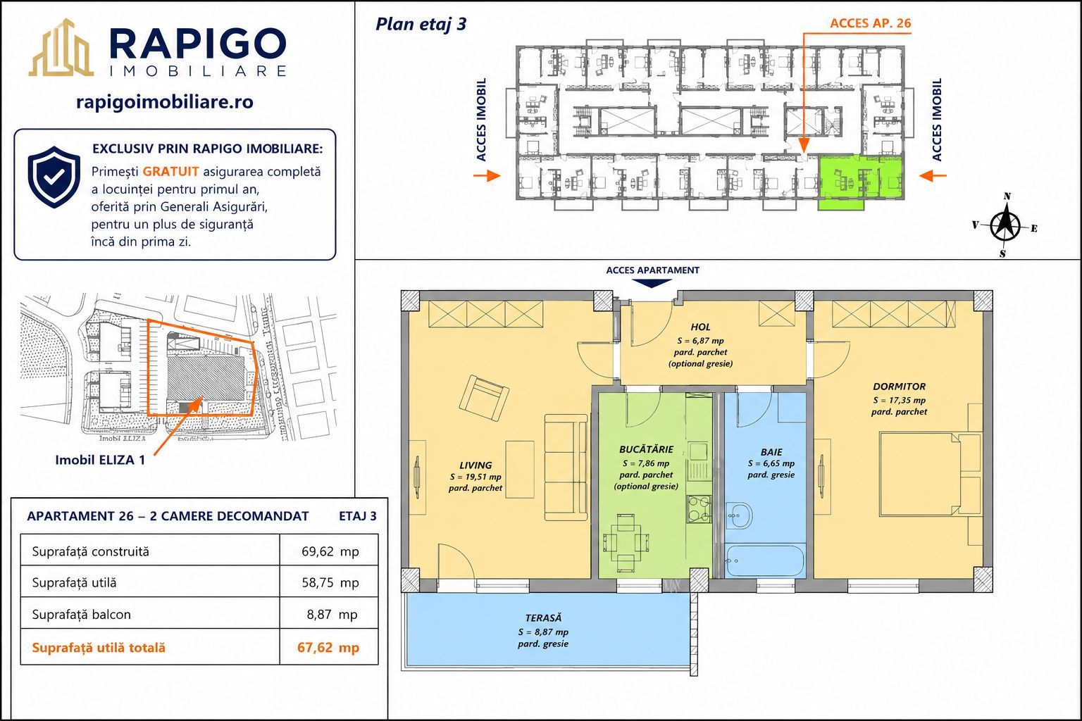 Apartamentul nr. 26 | 2 camere decomandat | Etaj 3 | Terasă 8,87 mp |