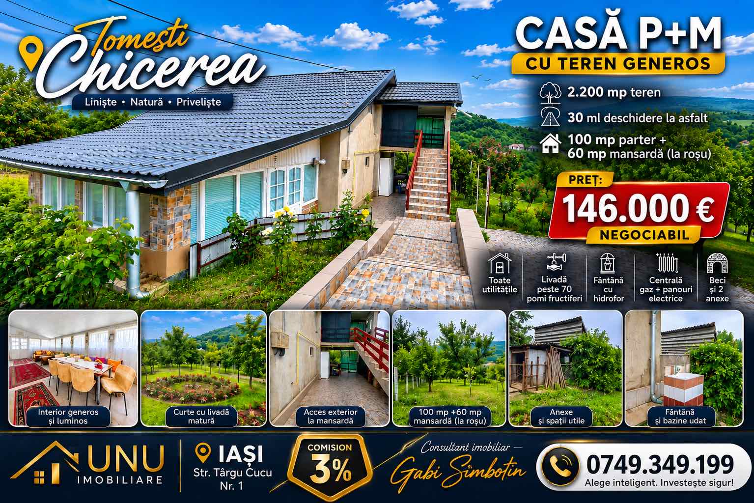 Casă P+M Chicerea Tomesti cu 2.200 mp teren, 30 ml la asfalt, livadă matură și mansardă