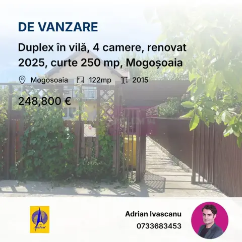 Duplex în vilă, 4 camere, renovat 2025, curte 250 mp, Mogoșoaia