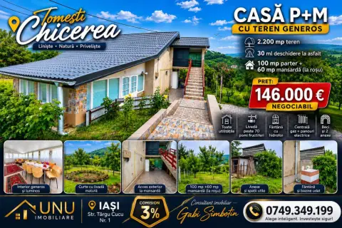 Casă P+M Chicerea Tomesti cu 2.200 mp teren, 30 ml la asfalt, livadă matură și mansardă