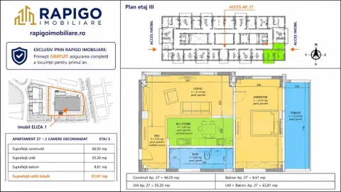 Apartamentul nr. 27 | 2 camere decomandat | Etaj 3 | Terasă 12,14 mp |