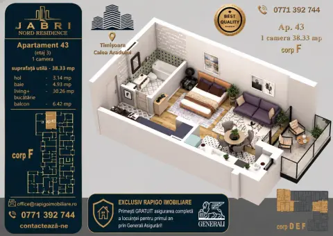 Apartament 43, Corp F – Studio | 38,51 mp | Etaj 3 | Jabri Nord Reside