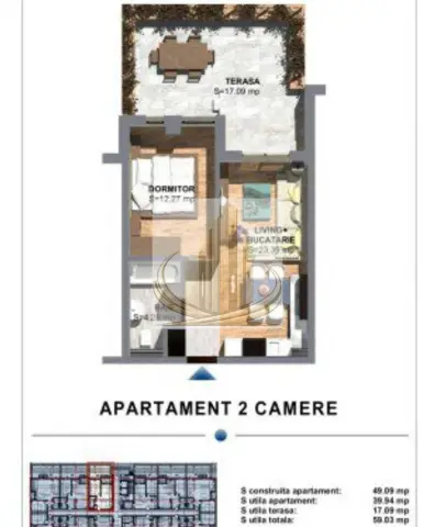 Apartament cu 2 camere, terasa si loc parcare