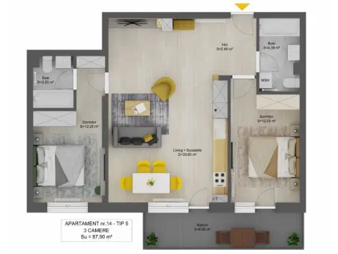 Apartament 3 camere 2 bai 68mpu balcon 9mp si parcare Doamna Stanca