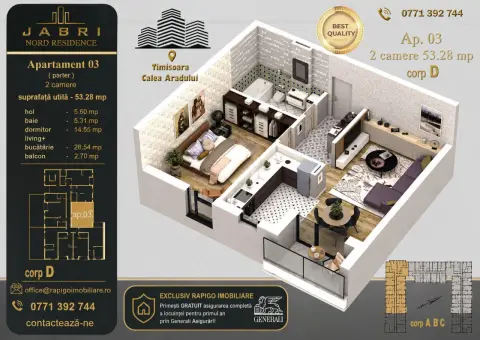 Apartament 03D, Corp D – 2 camere | 53,28 mp | Jabri Nord Residence
