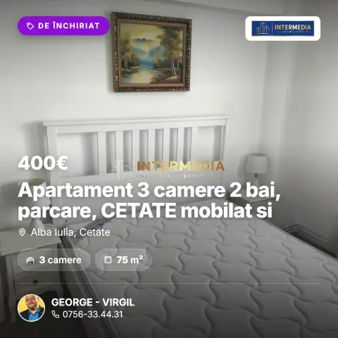 Apartament 3 camere 2 bai, parcare, CETATE mobilat si utilat complet
