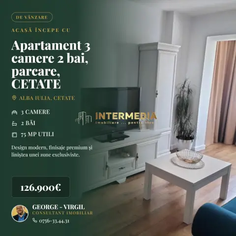 Apartament 3 camere 2 bai, parcare, CETATE mobilat si utilat complet