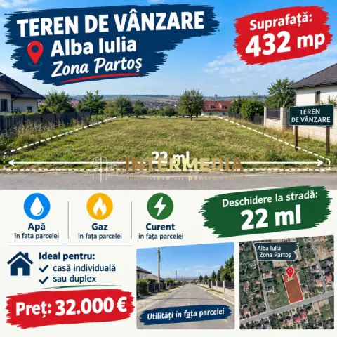 TEREN INTRAVILAN 432 MP I APA, GAZ, CURENT I DESCHIDERE LA STRADA 22 ML