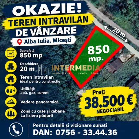 OKAZIE! 850 mp | Teren Intravilan | Alba Micesti | d=20 m| Utilitati | Panoramic