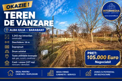 OKAZIE! Teren Intravilan Barabant 1242 mp. Imprejmuit Asfalt Utilitati Bransate