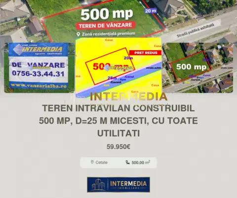 Teren intravilan construibil 500 mp, d=25 m Alba-Micesti, cu toate utilitati
