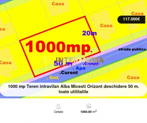 1000 mp Teren intravilan Alba Micesti Orizont deschidere 50 m. toate utilitatile