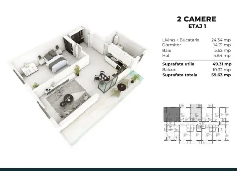 2 camere spatios predare la cheie 58 mp
